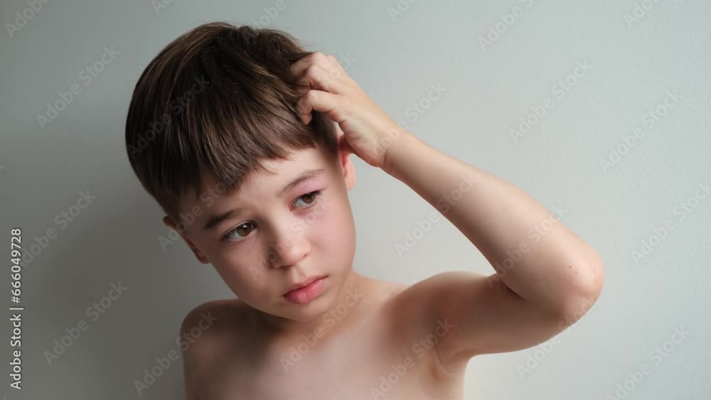 The boy looking at the camera rubbing and scratching head with a swollen eye from an insect bite. Close-up view. Angioedema. Allergic response. Red inflamed upper eyelid. Inflammation. Itching bites The boy looking at the camera rubbing and scratching head with a swollen eye from an insect bite. Close-up view. Angioedema. Allergic response. Red inflamed upper eyelid. Inflammation. Itching bites