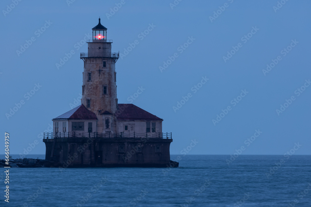 Chicago Harbor Lighthouse On Lake Michigan In The Evening