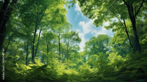 Forest, lush foliage, tall trees at spring or early summer - photographed from below photo