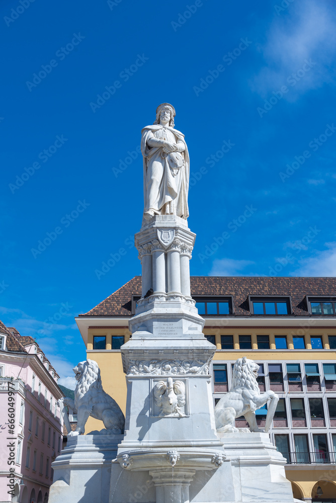 Statue of Walther von der Vogelweide in the square dedicated to him Bolzano, South Tyrol, Italy