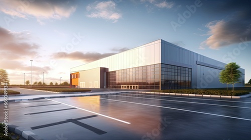 Modern new factory building with empty asphalt floor. 3d rendering