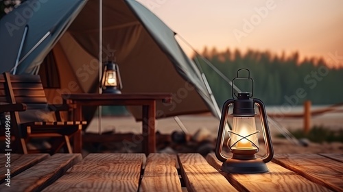 Wooden table with lantern outside tent on camping site,holiday vacation concept.minimal style.3d rendering.