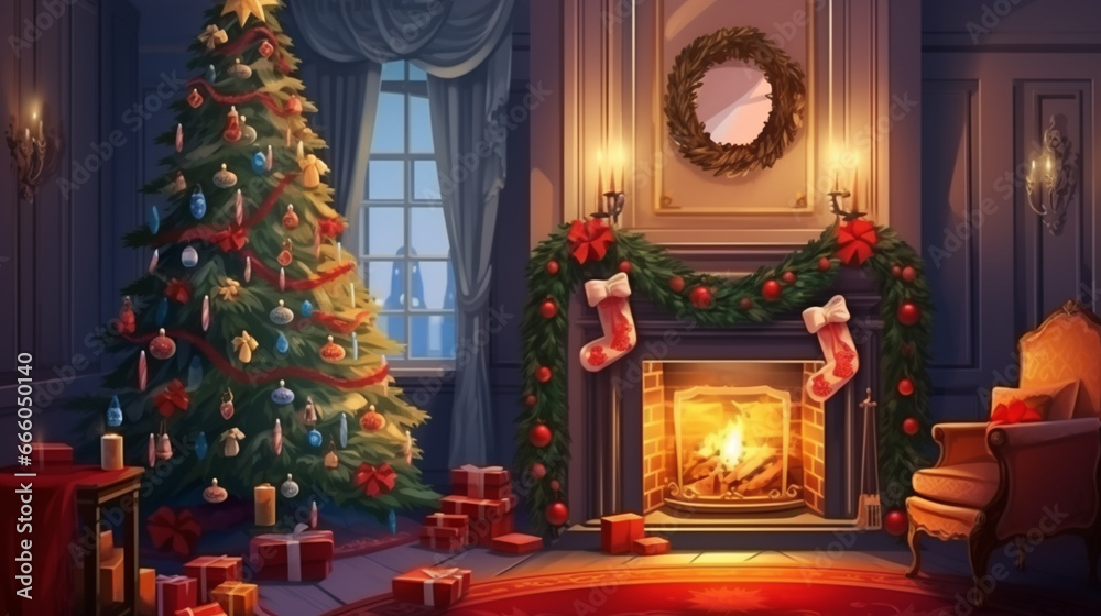 Cozy Christmas evening in the living room with a fireplace and a Christmas tree. Generative Ai