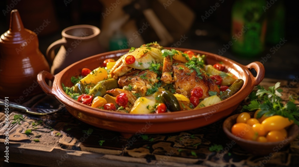 Moroccan tagine served chicken meat tajine local traditional dish recipe with ingredients learn how to cook cooking class book school in Marrakech Morocco - obrazy, fototapety, plakaty 