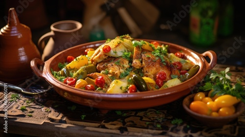 Moroccan tagine served chicken meat tajine local traditional dish recipe with ingredients learn how to cook cooking class book school in Marrakech Morocco photo