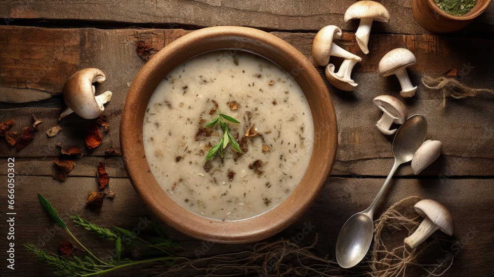 Mushroom soup with dried porcini mushrooms, bay leaf and pepper on rustic table texture background. View from above. Mushroom soup with dried porcini mushrooms, bay leaf and pepper on rustic table texture background. View from above.