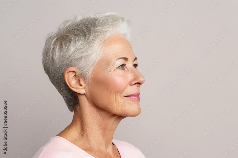 Portrait of mature woman posing in profile on grey background isolated Portrait of mature woman posing in profile on grey background isolated