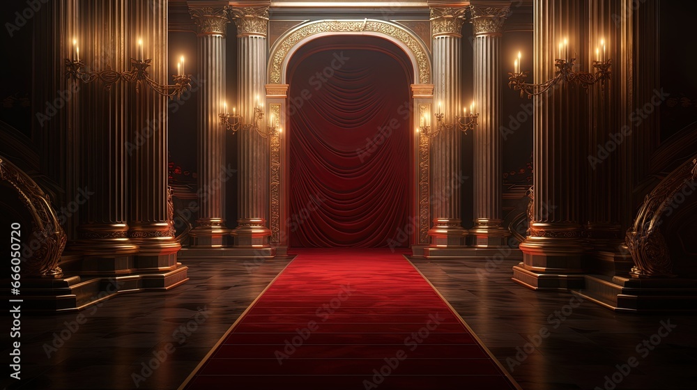 Pathway for triumph is a path delimited by an illuminated red carpet, red rope barrier and golden supports. Beyond the door there is a white illuminated environment that projects its light in the room - obrazy, fototapety, plakaty 