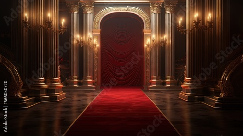 Pathway for triumph is a path delimited by an illuminated red carpet, red rope barrier and golden supports. Beyond the door there is a white illuminated environment that projects its light in the room