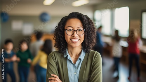Portrait of a young African American female teacher in a classroom