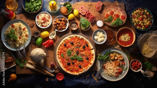 Top of view full table of italian meals on plates and pan. Pizza pasta risotto soup and fish vegetable salad. photo