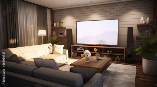 cozy TV or Family Room with TV on the wall. Generative Ai © Witri