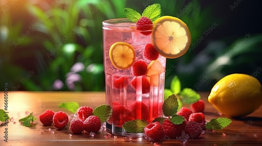 Spring or summer refreshing cold cocktail or mocktail with berries and lemon, raspberry lemonade Spring or summer refreshing cold cocktail or mocktail with berries and lemon, raspberry lemonade