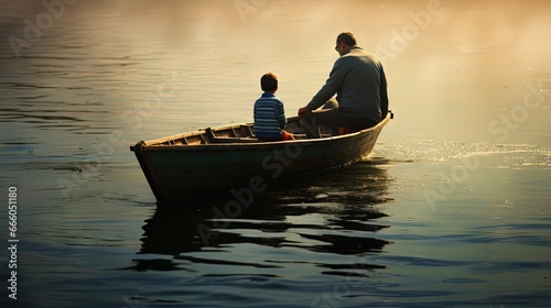 Blur and Noise image of father and his son at wooden boat, silluet