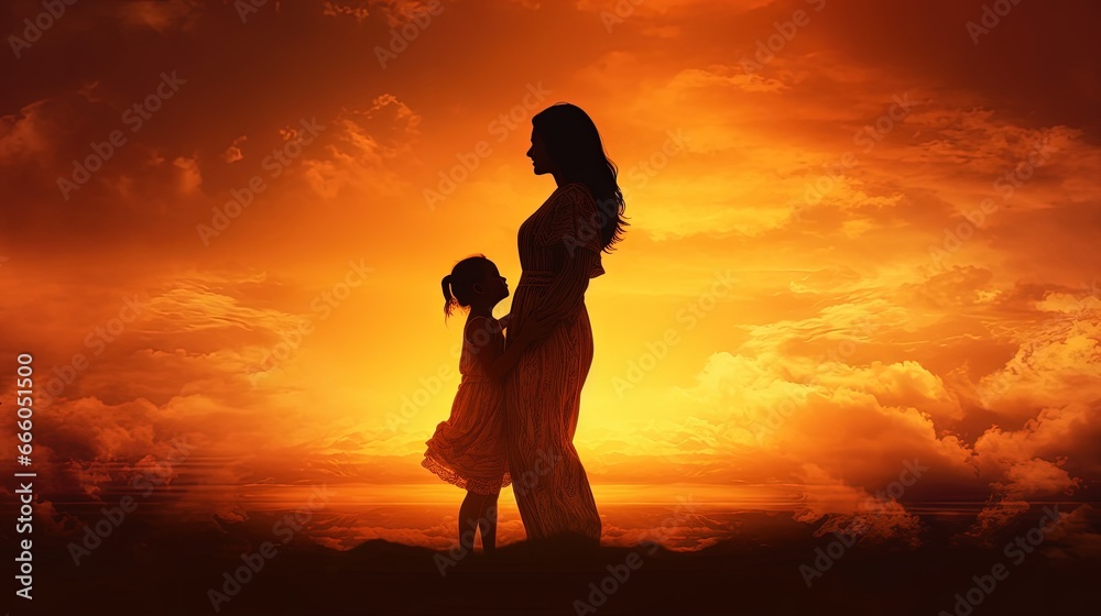 Silhouettes of mother and child in her arms on the background of sunset sky
