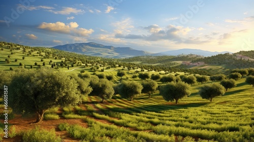 Green olive trees farmland, agricultural landscape with olives plant among hills, olive grove garden, large agricultural areas of olive trees