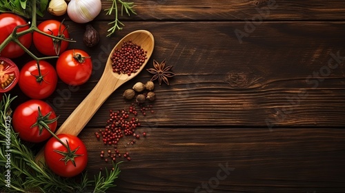 Cooking background, home cooking concept. Ripe tomatoes, spoon, herbs and spices on wooden background, top view, copy space.