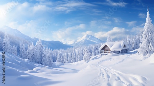 Winter panorama with ski hut in the snow