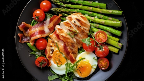 Baked chicken breast wrapped in bacon with asparagus, eggs and tomatoes. Ketogenic diet. Low carb high fat breakfast. Healthy food concept. top view,