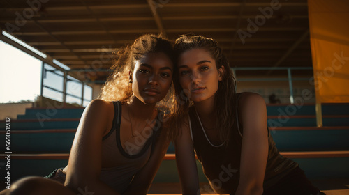 Two girls sitting in the stands of a sports field on a sunny day