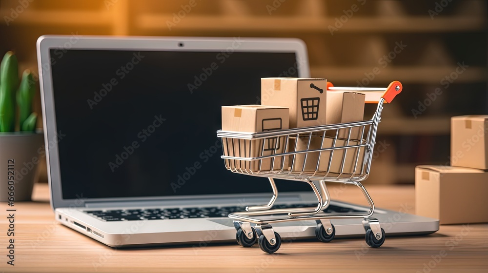 Online Shopping with carton box in shopping trolley concept. Carton paper boxes in shopping cart with laptop computer using as business online with internet technology.