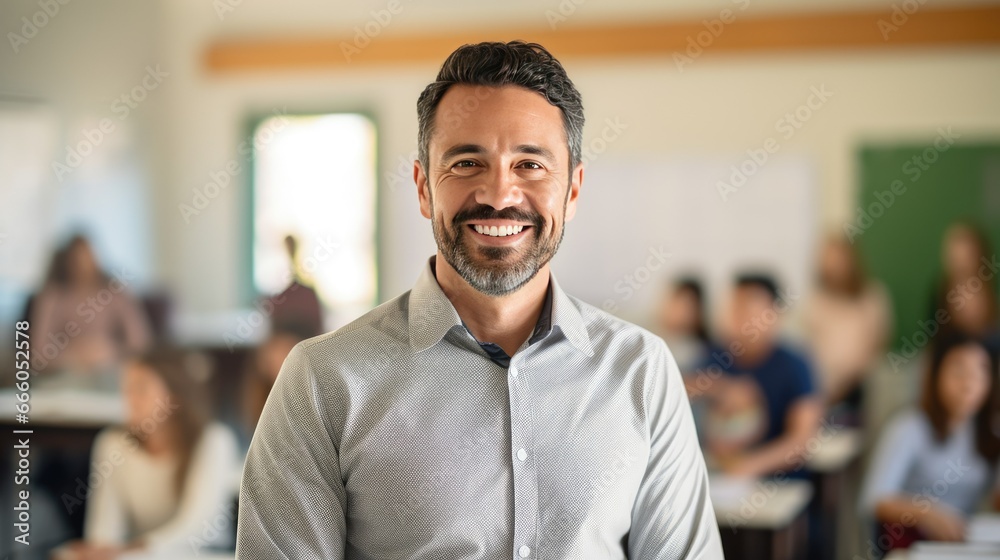 Fototapeta premium Portrait of a mid adult male teacher in a classroom