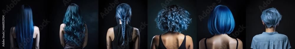 Obraz na płótnie Various haircuts for woman with blue dyed hair - long straight, wavy, braided ponytail, small perm, bobcut and short hairs. View from behind on dark background. Generative AI w salonie