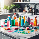 several colorful packaging of cleaning products scattered and staining a marble countertop in a kitchen, generative AI