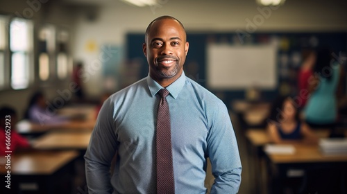 Portrait of a mid adult African American male teacher in a classroom