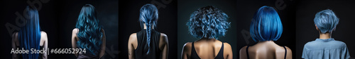 Various haircuts for woman with blue dyed hair - long straight, wavy, braided ponytail, small perm, bobcut and short hairs. View from behind on dark background. Generative AI
