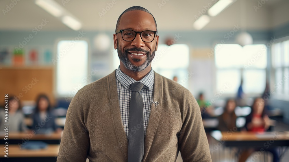 Portrait of a mid adult African American male teacher in a classroom Portrait of a mid adult African American male teacher in a classroom