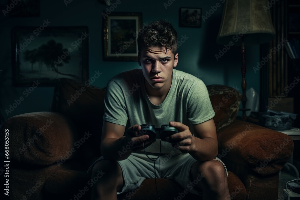 Young man playing video games at home. Male internet gaming console sitting. Generate Ai