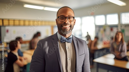 Portrait of a mid adult African American male teacher in a classroom