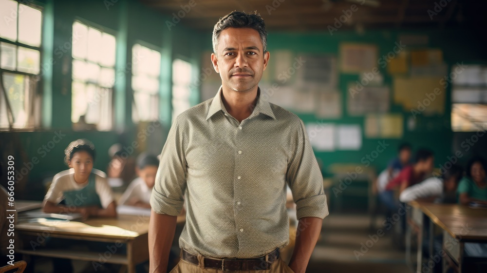 Obraz premium Portrait of a mid adult Mexican male teacher in a classroom