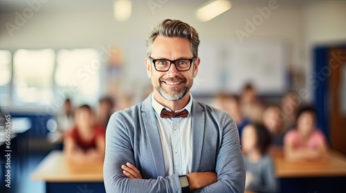 Portrait of a mid adult male teacher in a classroom photo