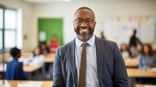 Portrait of a mid adult African American male teacher in a classroom © Krtola 