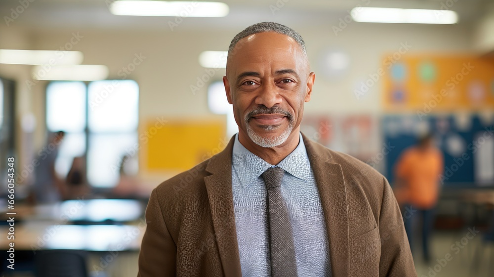 Portrait of a senior African American male teacher in a classroom Portrait of a senior African American male teacher in a classroom