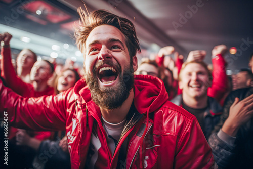 the world of soccer celebrating in a stadium showing cheering young brunette man with beard © bmf-foto.de