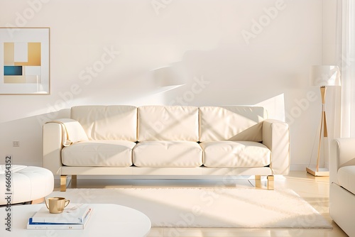 50. Modern furniture and framing. A sunlit window, sofa and ivory-colored room.