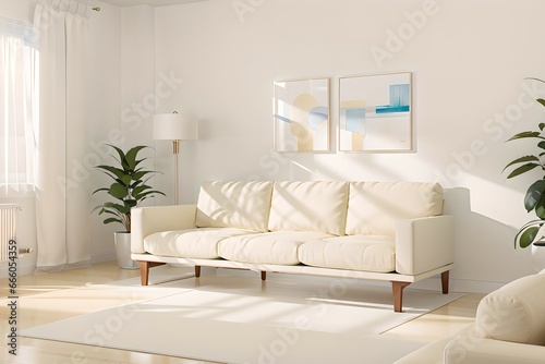47. Modern furniture and framing. A sunlit window  sofa and ivory-colored room.