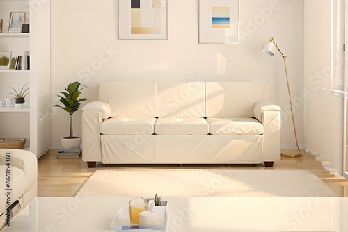 44. Modern furniture and framing. A sunlit window, sofa and ivory-colored room. © ailooo k