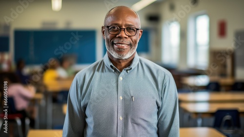 Portrait of a senior African American male teacher in a classroom