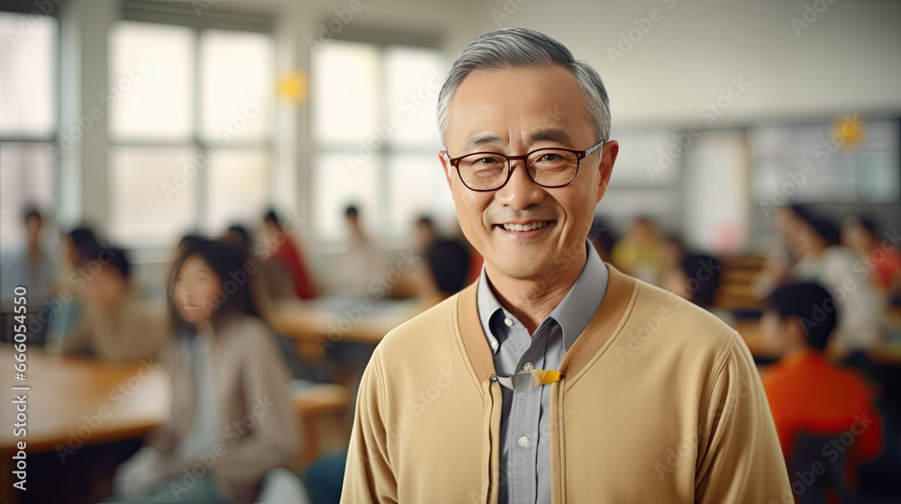 Portrait of a senior Asian male teacher in a classroom Portrait of a senior Asian male teacher in a classroom