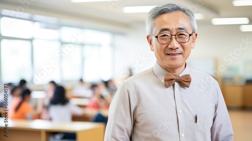 Portrait of a senior Asian male teacher in a classroom