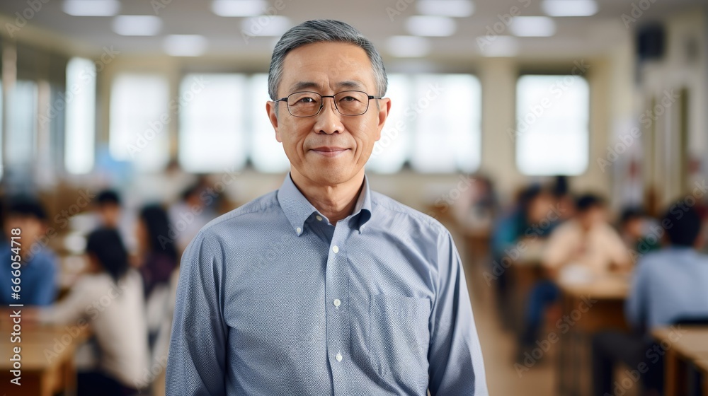 Portrait of a senior Asian male teacher in a classroom