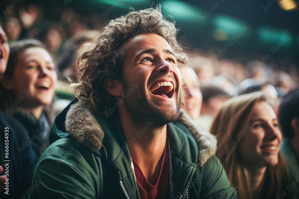 the world of soccer celebrating in a stadium showing cheering young brunette man with curly hairs and beard the world of soccer celebrating in a stadium showing cheering young brunette man with curly hairs and beard