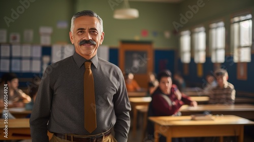 Portrait of a senior Mexican male teacher in a classroom
