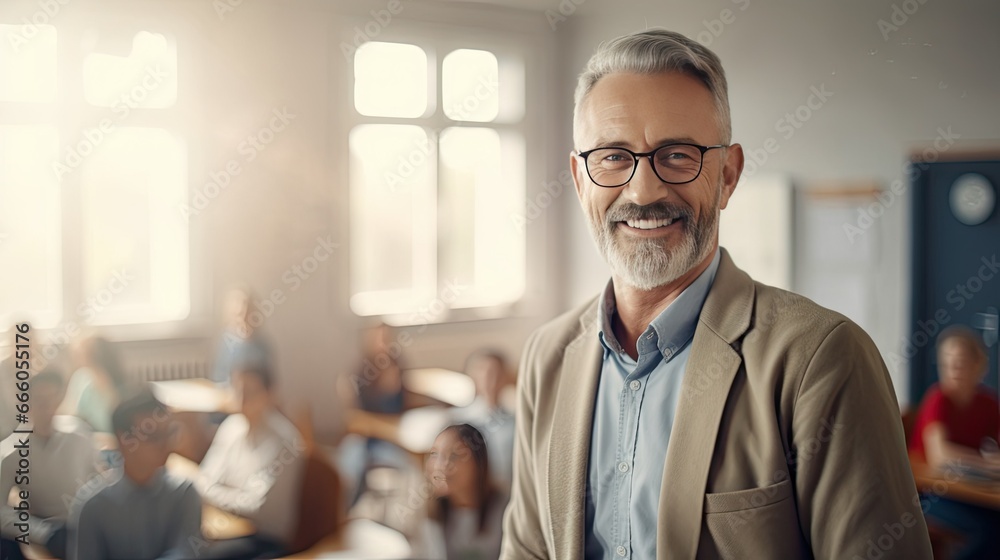 Fototapeta premium Portrait of a senior male teacher in a classroom 
