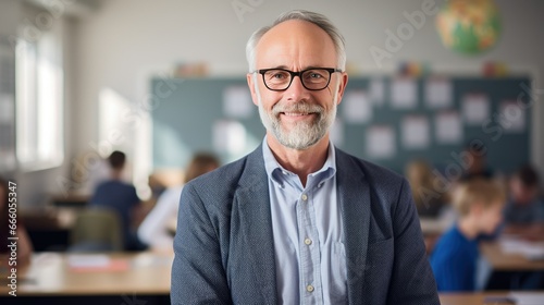 Portrait of a senior male teacher in a classroom 