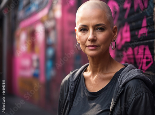 Retrato de mujer caucásica, calva, segura de sí misma, fuerte y empoderada después de sobrevivir al cáncer de mama, en la calle.  photo